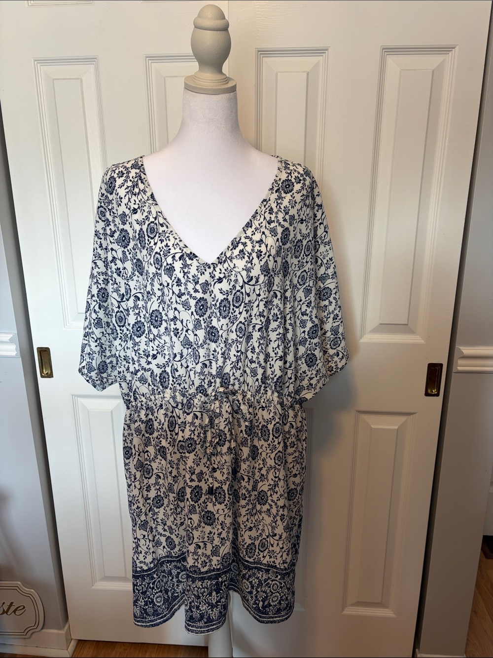 Mario Serrani Navy and White Floral V-Neck Swim Coverup
